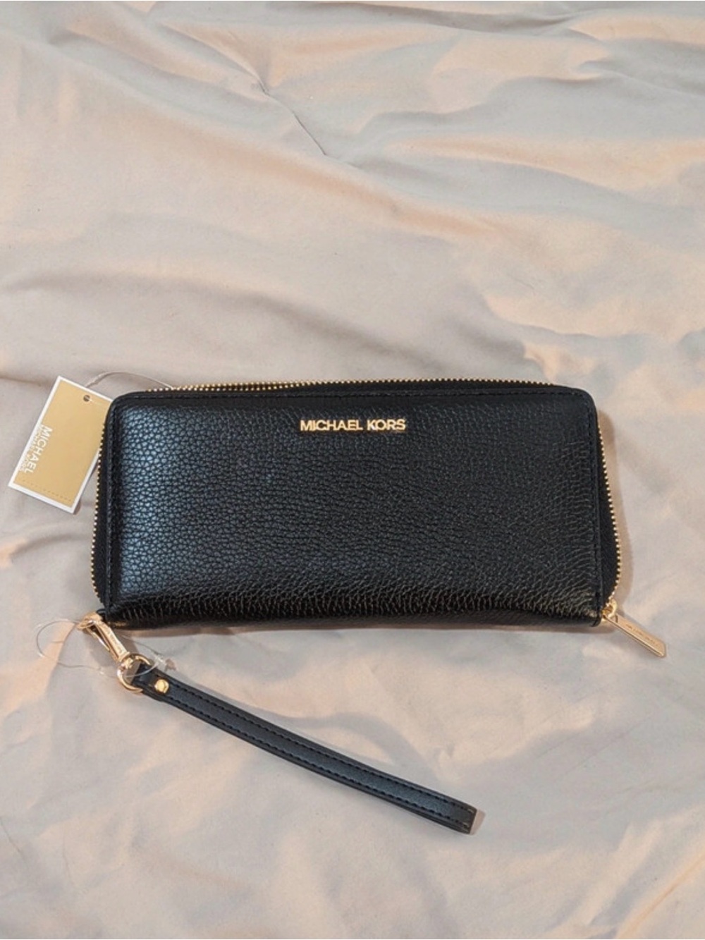 Michael Kors Black Pebbled Leather Zip Wallet with Gold Hardware